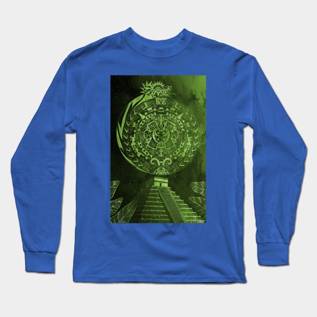 the mexican pyramids in teotihuacan leaf dragon aztec calendar Long Sleeve T-Shirt by jorge_lebeau